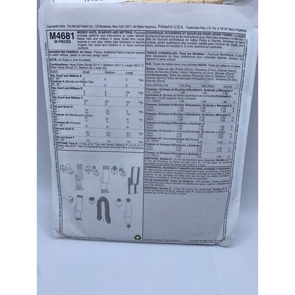 McCall's Misses Fleece Hats Scarves and Mittens Sewing Pattern M4681 - uncut - Picture 2 of 2